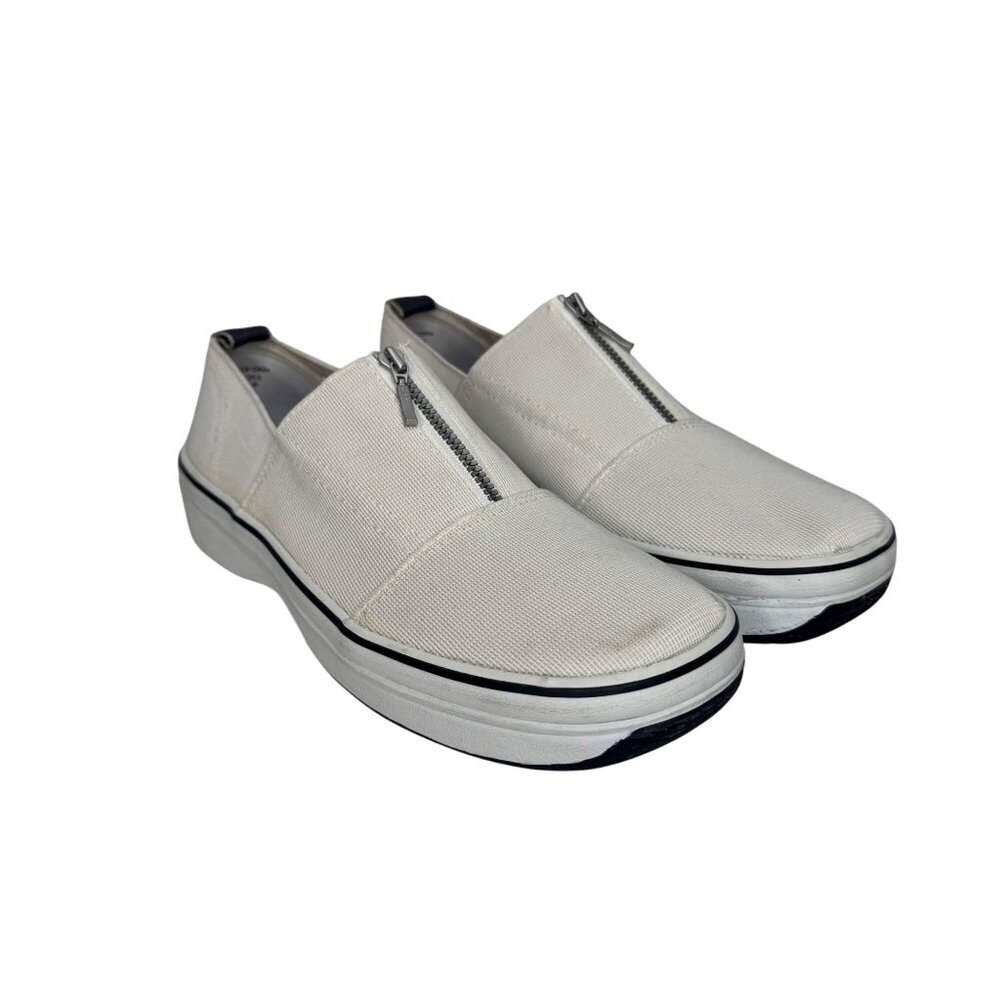 Vintage Square Toe Keds White Canvas Slip-On‎ Sneakers Zipper Detail Womens Size